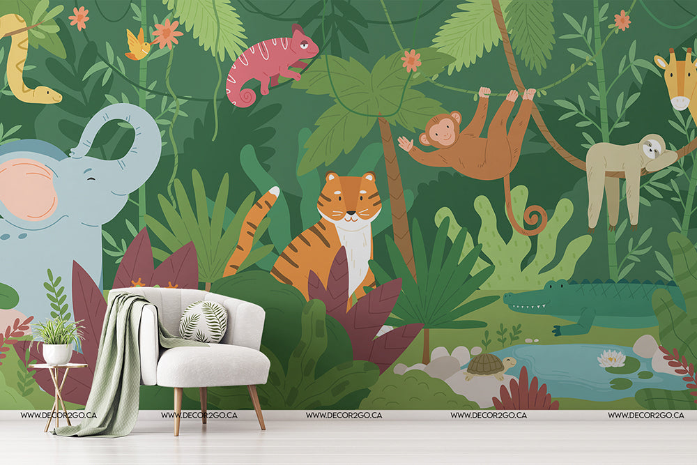 A vibrant children's room with a Decor2Go Wallpaper Mural featuring cartoon animals like elephants, tigers, and monkeys among lush greenery. A white chair with a green cushion and throw blanket is in