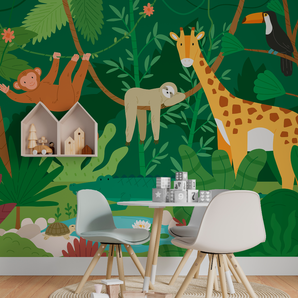 A vibrant children's room with a Decor2Go Wallpaper Mural featuring exotic wildlife like a giraffe, sloth, and monkey. A small table with chairs and toys is set against this lively backdrop.