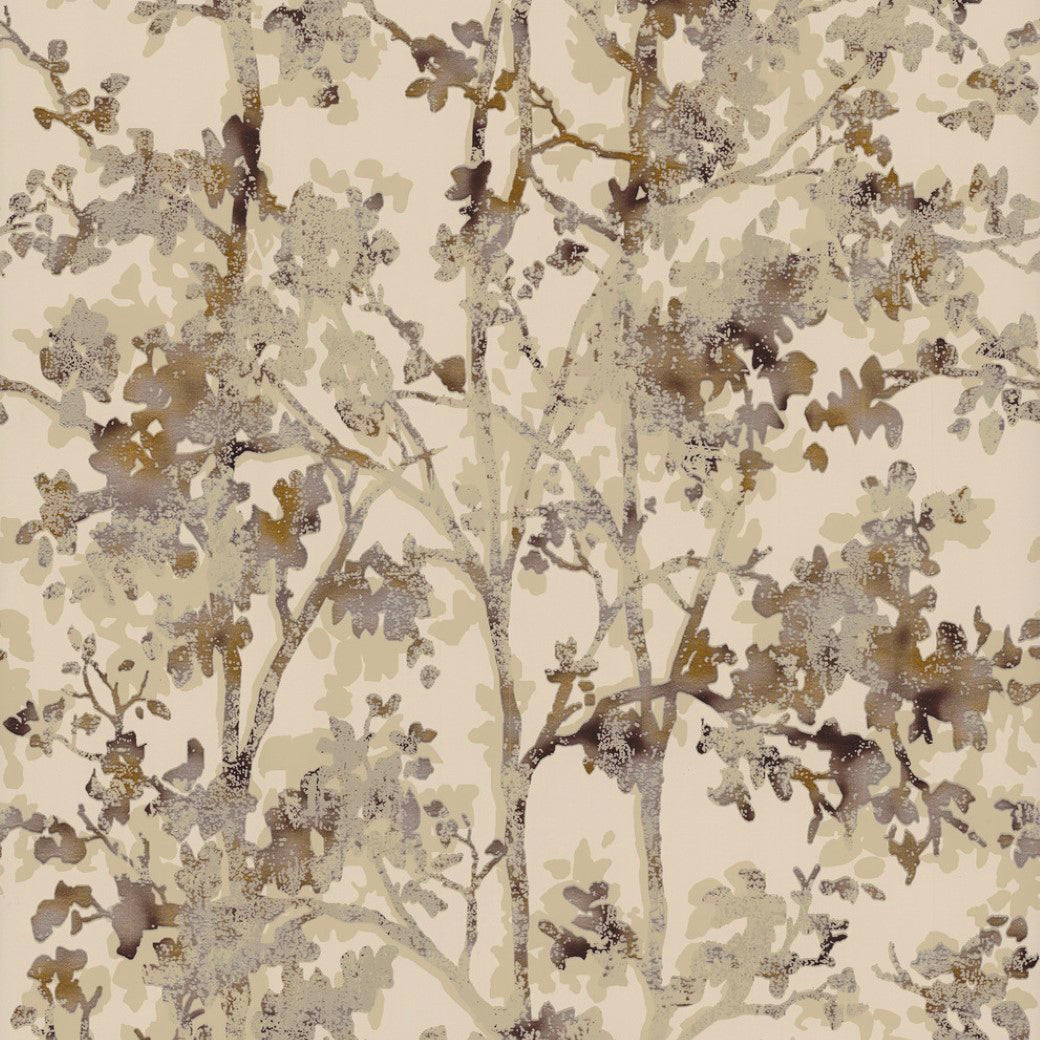 The Khaki & Multi Shimmering Foliage Wallpaper by York Wallcoverings features a beige and brown abstract tree pattern on a light background, with overlapping branches and leaves. Textured hints of copper metallic add a camouflage-like sheen from the Modern Metals Collection.