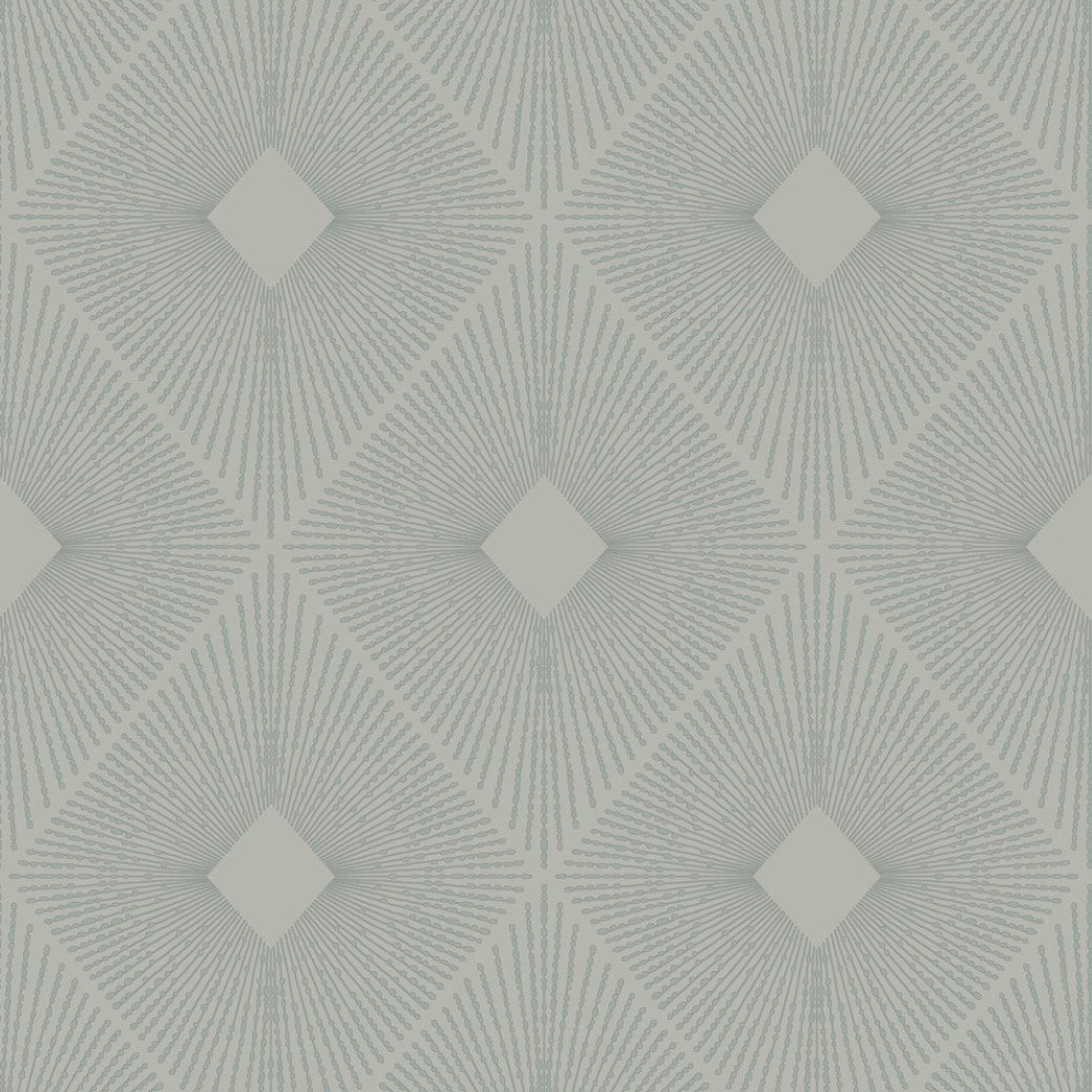 Featuring a repeating diamond pattern with radiating lines, the Light Grey & Silver Harlowe Wallpaper by York Wallcoverings offers a subtle yet radiant design reminiscent of metallic wallpaper from the Modern Metals Collection.