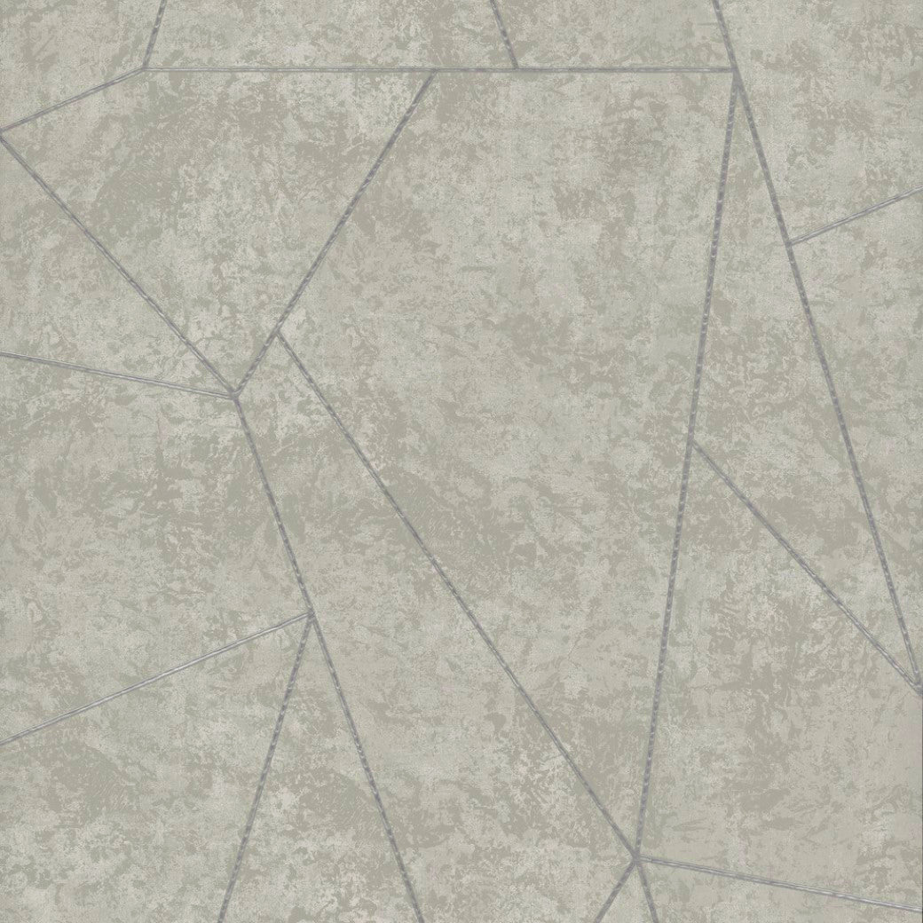 The Light Grey & Silver Nazca Wallpaper by York Wallcoverings features an abstract geometric pattern with intersecting lines forming irregular shapes. Its textured, mottled gray background creates a modern metallic wallpaper effect, covering 57 square feet.