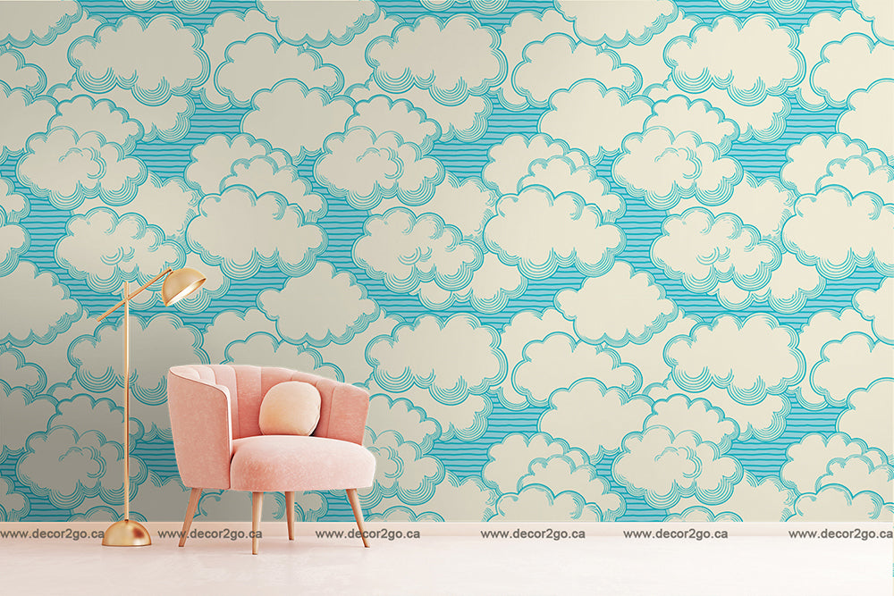 A stylish interior featuring a pale pink armchair and a gold floor lamp against a wall with Decor2Go Wallpaper Mural's Living in the Clouds wallpaper, evoking a serene ambiance decor.