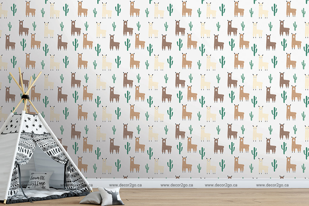 A nursery room's wall covered in Decor2Go Wallpaper Mural Llama and Cactus Pattern Wallpaper Mural, complemented by a children's teepee with black patterns in the foreground.