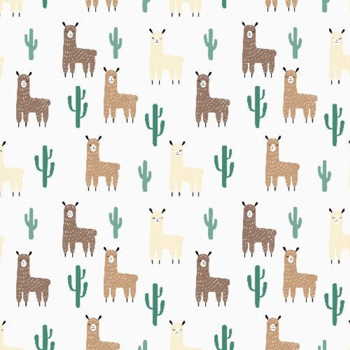 A seamless Llama and Cactus Pattern Wallpaper Mural perfect for a nursery wall mural, featuring cute cartoon llamas and cacti in shades of green, brown, and beige against a pale green background by Decor2Go Wallpaper Mural.