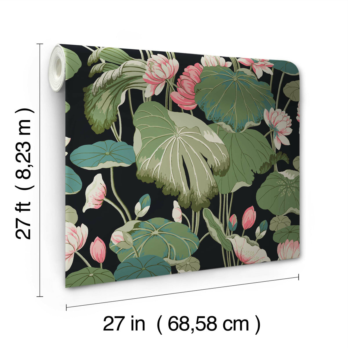 A roll of York Wallcoverings Lotus Pond Cotton/Peacock Wallpaper Green, Pink (60 Sq.Ft.) is displayed. It features large green and blue leaves with pink and white flowers on a dark background. The wallpaper dimensions are 27 feet (8.23 meters) in length and 27 inches (68.58 cm) in width, ensuring easy installation and removal.