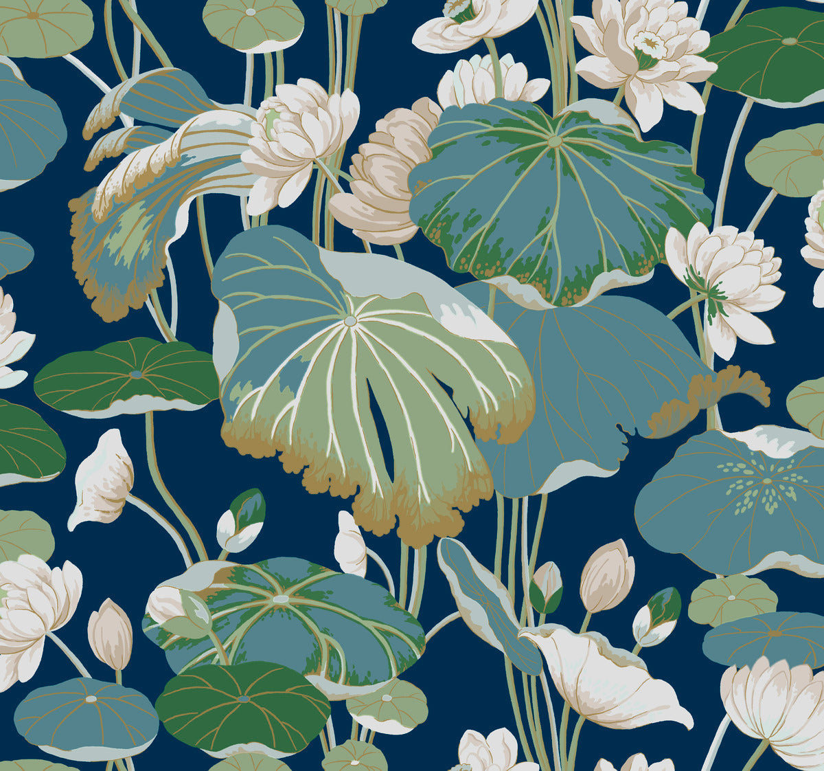 A vibrant botanical illustration featuring green and blue lotus leaves and white lotus flowers, some in full bloom and others as buds, set against a dark blue background. The leaves are detailed with shades of green and hints of yellow. Ideal for York Wallcoverings' Lotus Pond Cotton/Peacock Wallpaper Green, Pink (60 Sq.Ft.), offering easy installation and removal.