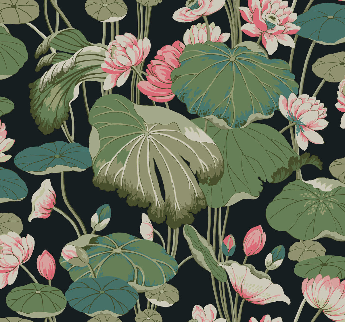 Lotus Pond Cotton/Peacock Wallpaper Green, Pink (60 Sq.Ft.)