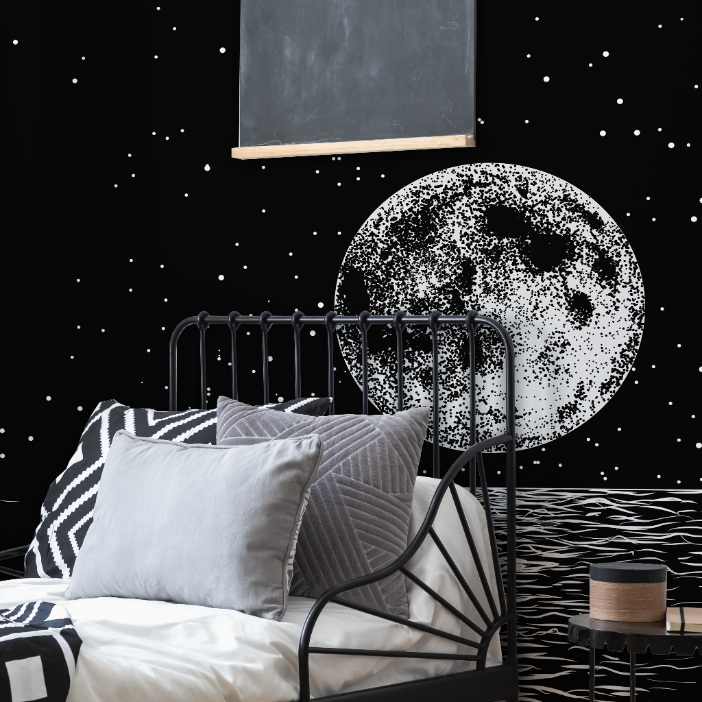 Bedroom - A stylish bedroom featuring a black metal bed with striped bedding, a Decor2Go Wallpaper Mural on the wall, and a floating chalkboard against a starry backdrop.