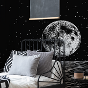 Bedroom - A stylish bedroom featuring a black metal bed with striped bedding, a Decor2Go Wallpaper Mural on the wall, and a floating chalkboard against a starry backdrop.