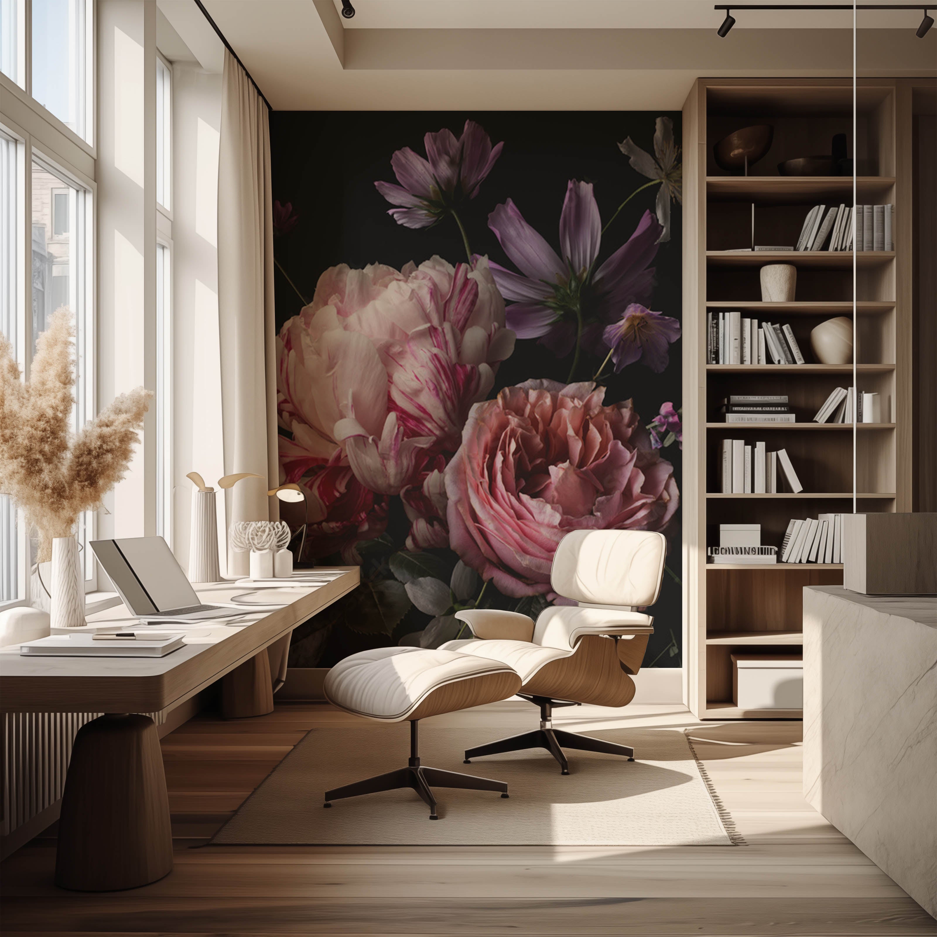 Home Office - In a contemporary home office, the walls are adorned with the Midnight Peony Floral Wallpaper Mural from Decor2Go Wallpaper Mural. The room is furnished with a wooden desk holding a laptop, a beige armchair, floor-to-ceiling windows draped in white curtains, and a bookshelf brimming with books and decorative items.