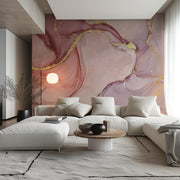 Living Room - A modern living room features a large white sectional sofa and round wooden coffee table. Decor2Go's Pink and Gold Marble Wallpaper Mural adds a luxurious touch to the wall. A spherical lamp glows in the corner, while sheer curtains on a tall window allow natural light to filter through.