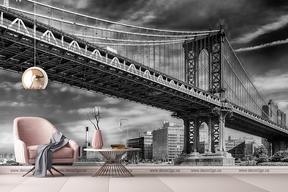 Living Room - A stylish living room setup with a pink armchair and small table under the large black and white Decor2Go Wallpaper Mural, mixing interior design with architectural design.