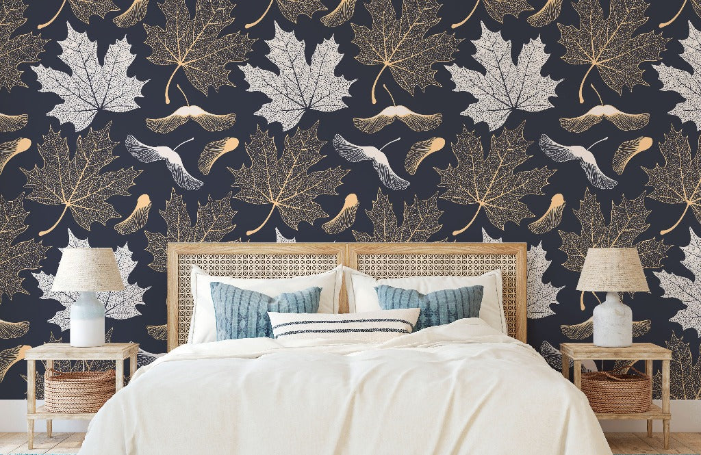 Maple Leaves Wallpaper Mural in the room gold and white leaves with  gray  backround