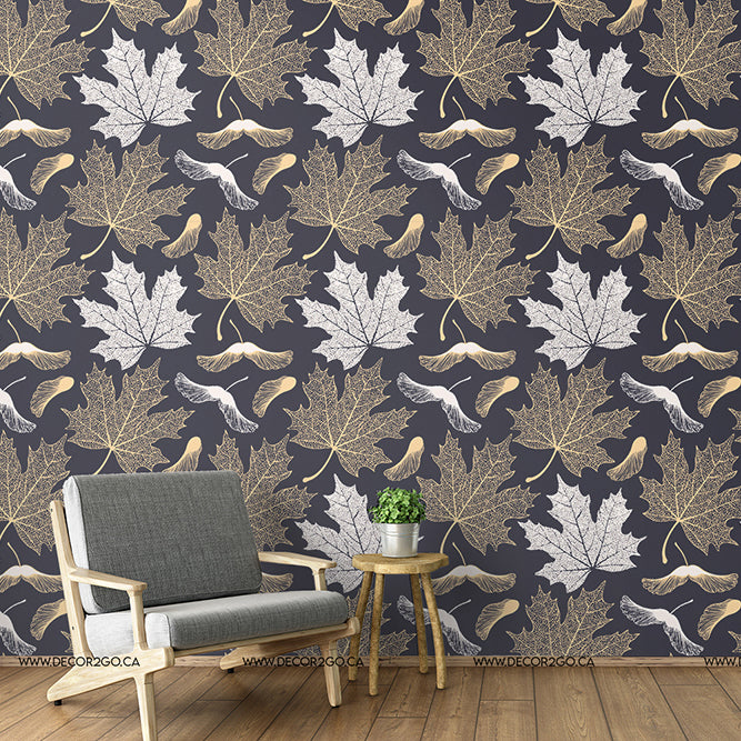 Maple Leaves Wallpaper Mural in the livingroom gold and white leaves with  gray  backround