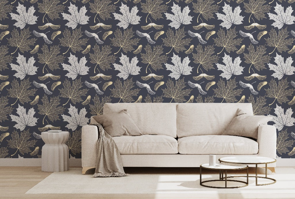 Living Room - Maple Leaves Wallpaper Mural in the livingroom gold and white leaves with  gray  backround