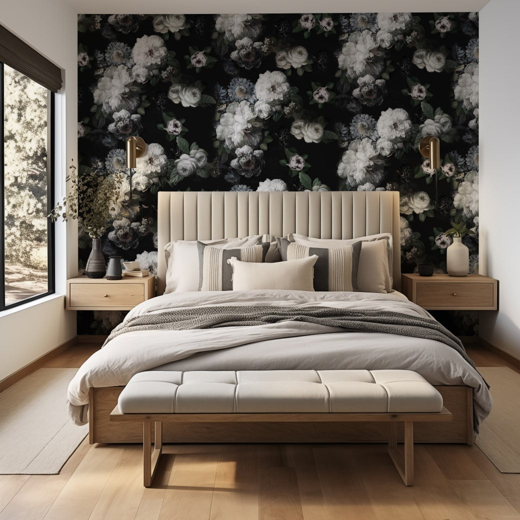 Bedroom - A stylish bedroom features a bed with beige and gray linens, wooden side tables, and wall-mounted lamps. Decor2Go Wallpaper Mural's Midnight Bloom Floral accent wall complements the decor. A premium bench sits at the bed's foot, with a large window to the side.