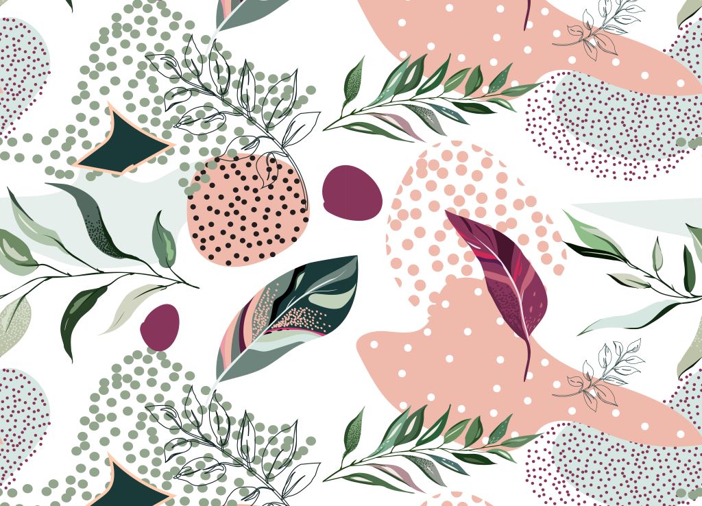 Decorative seamless pattern featuring abstract shapes and botanical elements with a mixture of dots and leaves in soft colors, primarily pink, green, and white on a light background. This Millenial Collage Wallpaper Mural is by Decor2Go Wallpaper Mural.