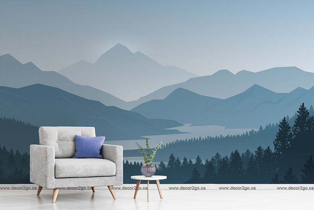 A serene living room setup with a stylish gray armchair and a small coffee table, against a feature wall of Misty Blue Mountains Wallpaper Mural by Decor2Go Wallpaper Mural.