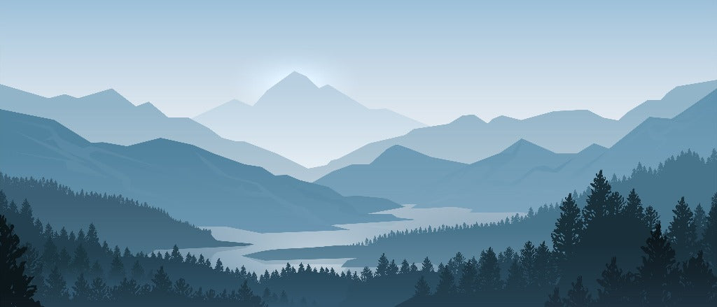 Illustration of a serene landscape featuring Misty Blue Mountains Wallpaper Mural by Decor2Go Wallpaper Mural, a winding river in the valley, and a dense forest in the foreground.