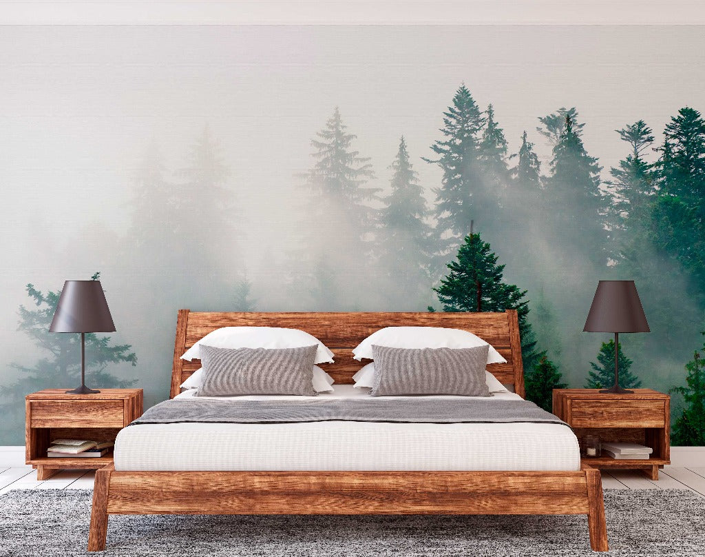 Bedroom - A modern bedroom featuring a rustic wood bed with white bedding, flanked by matching wooden nightstands with gray lamps, set against a wall with a Decor2Go Wallpaper Mural.