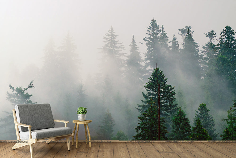 Living Room - A modern living room with a single gray armchair and a small wooden side table with a potted plant, set against a Decor2Go Wallpaper Mural of the Misty Forest.