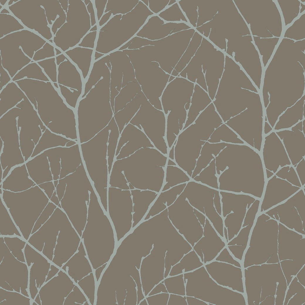 The York Wallcoverings' Mocha & Silver Trees Silhouette Wallpaper showcases light blue tree branches intersecting against a muted brown backdrop, creating an intricate abstract design reminiscent of modern metallic wallpaper.