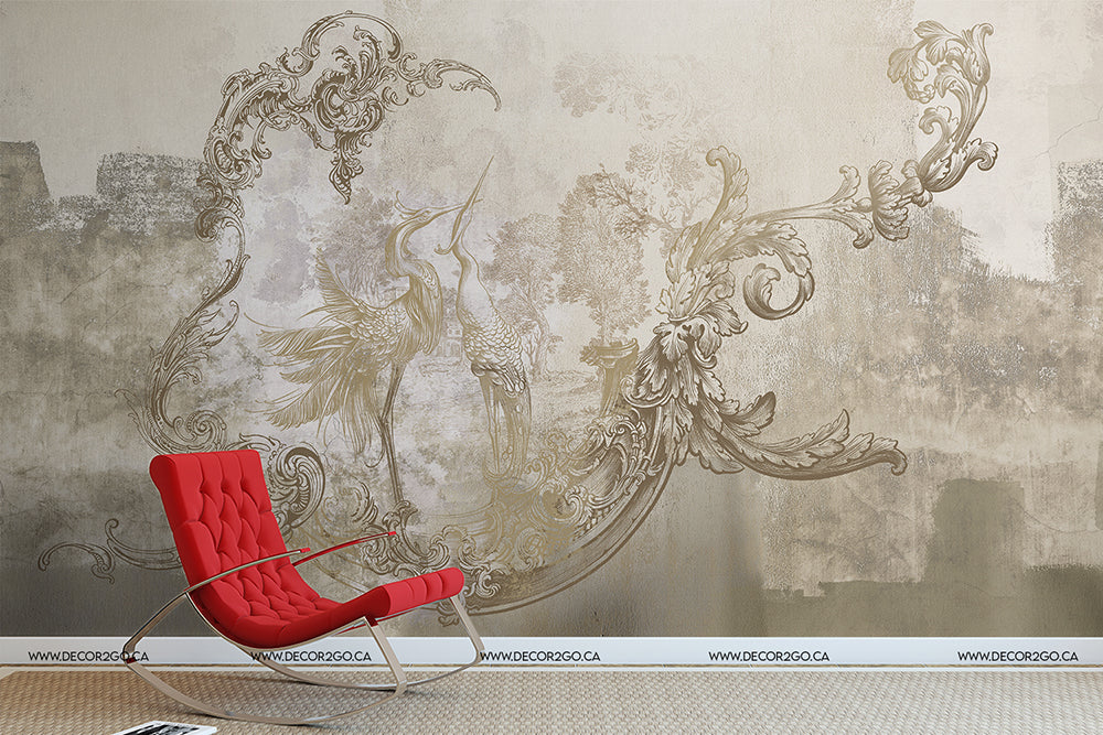 A stylish red lounge chair sits in front of a wall decorated with an elegant, contemporary Modern Baroque Wallpaper Mural featuring ornate floral and bird designs by Decor2Go Wallpaper Mural in a spacious room.