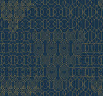 The Modern Chandelier Wallpaper Blue by York Wallcoverings showcases an intricate geometric pattern with gold lines forming symmetrical shapes on a deep blue background. The design features a repetitive blend of circular and angular motifs, offering an elegant and sophisticated appearance reminiscent of a modern chandelier wallpaper.