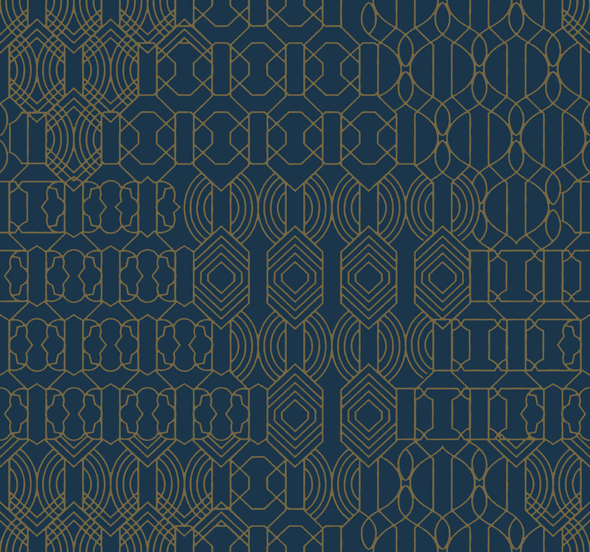 The Modern Chandelier Wallpaper Blue by York Wallcoverings showcases an intricate geometric pattern with gold lines forming symmetrical shapes on a deep blue background. The design features a repetitive blend of circular and angular motifs, offering an elegant and sophisticated appearance reminiscent of a modern chandelier wallpaper.