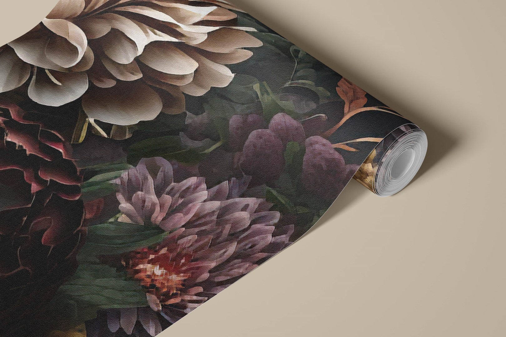 A partially unrolled roll of the Moody Floral Elegance Wallpaper Mural by Decor2Go reveals vibrant blooms in pink, purple, and beige against a dark backdrop, creating a sophisticated ambiance.