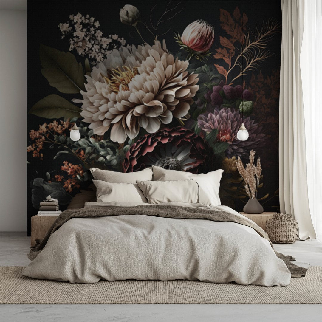 Bedroom - A stylish bedroom features the Decor2Go Moody Floral Elegance Wallpaper Mural behind the neatly made bed with beige linens. Pendant lights hang on either side, and a vase with dried plants sits on a wooden nightstand, enhancing the dark, sophisticated ambiance. Cream curtains frame a window on the right.