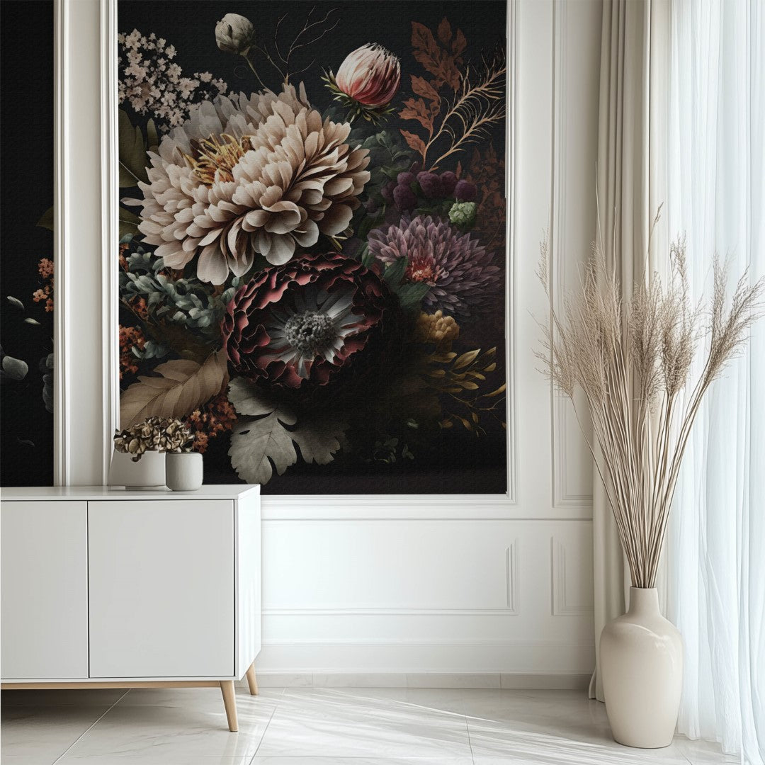 A minimalist room exudes moody floral elegance with its Moody Floral Elegance Wallpaper Mural by Decor2Go Wallpaper Mural, featuring a dramatic floral design on a dark background. A white cabinet stands to the left, while a vase of dried grasses graces the right. Light curtains frame the wall as sunlight casts soft shadows across the tiled floor, enhancing its sophisticated ambiance.