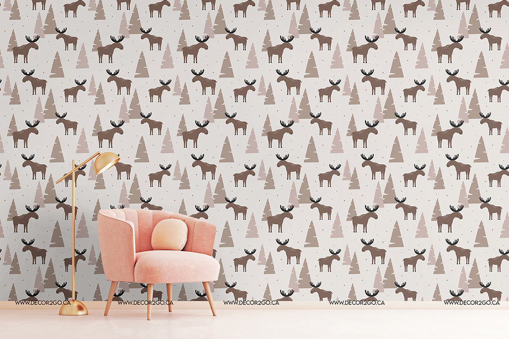Living Room - Moose and Pines Wallpaper Mural in the  livingroom pink and brown colers