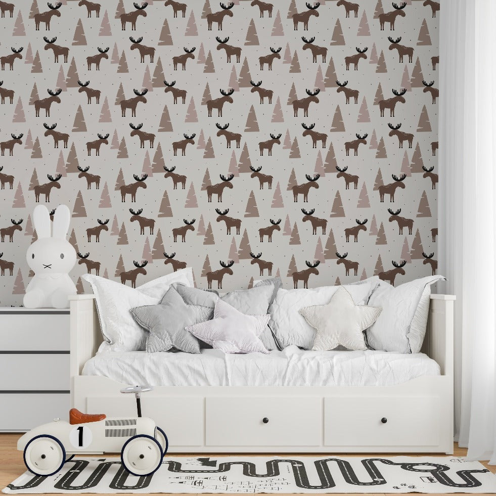 Kids Room - Moose and Pines Wallpaper Mural in the kids room pink and brown colers