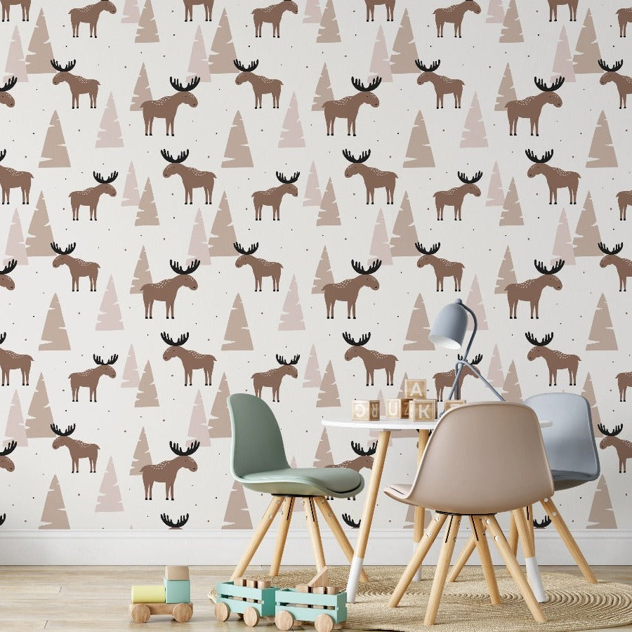 Moose and Pines Wallpaper Mural in the kids room pink and brown colers