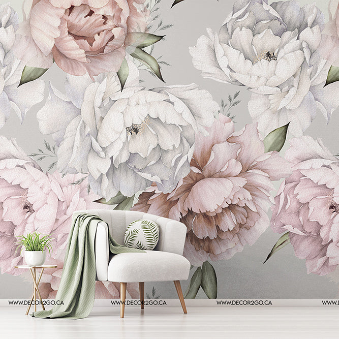 Living Room - More Peonies Wallpaper Mural in the livingroom pink and gray with geen leaves