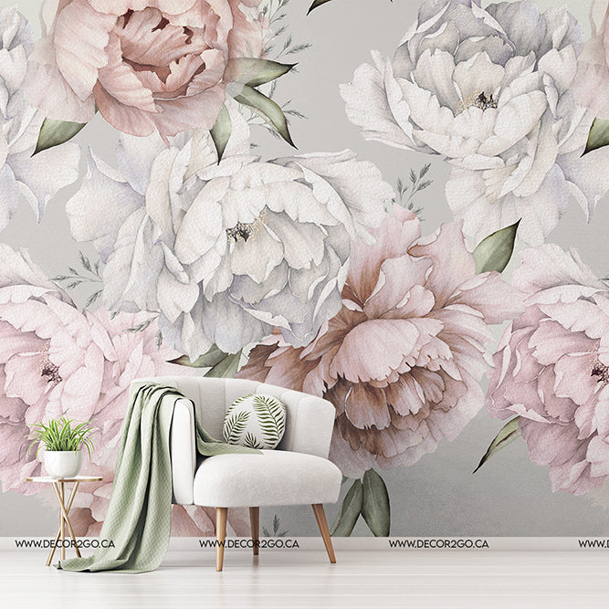 More Peonies Wallpaper Mural in the livingroom pink and gray with geen leaves