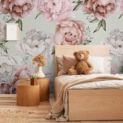 Kids Room - More Peonies Wallpaper Mural in the kids room pink and gray with geen leaves