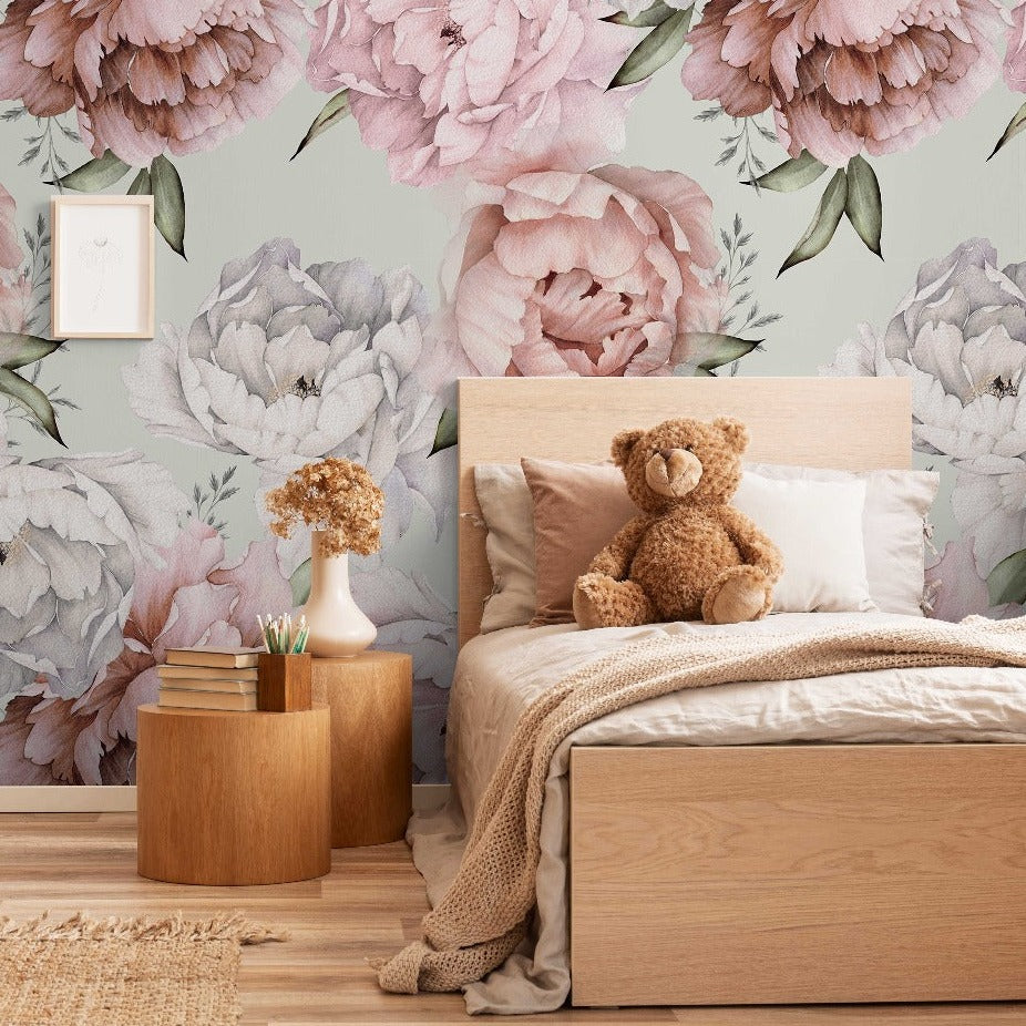 More Peonies Wallpaper Mural in the kids room pink and gray with geen leaves