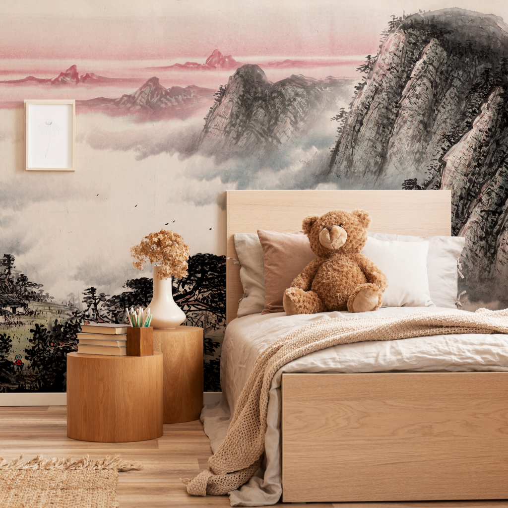 Mountain Peaks Wallpaper Mural in the kids room black and pink color 