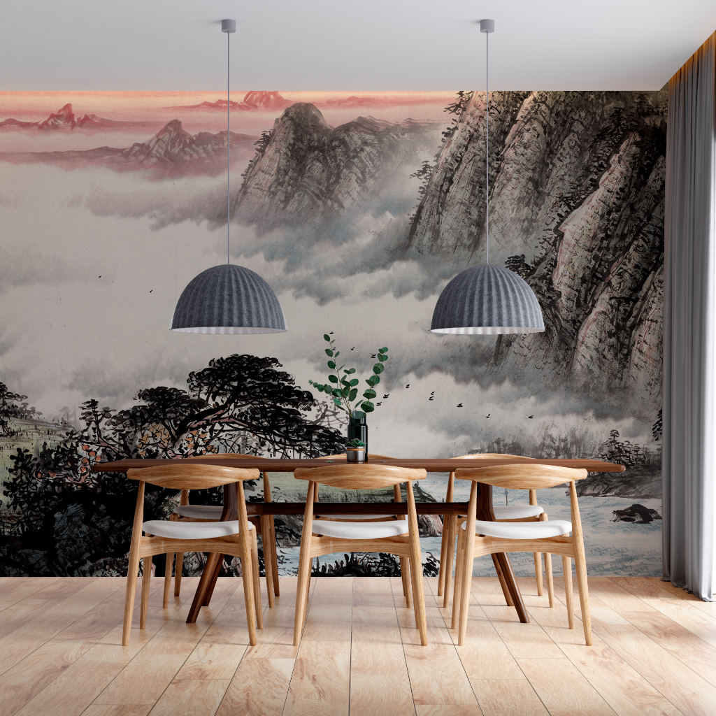 Mountain Peaks Wallpaper Mural in the dining room black and pink color 