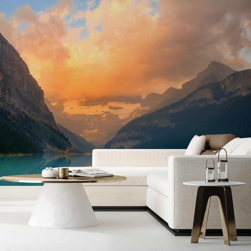 Living Room - Mountain Sunrise Wallpaper Mural in the livingroom landscape