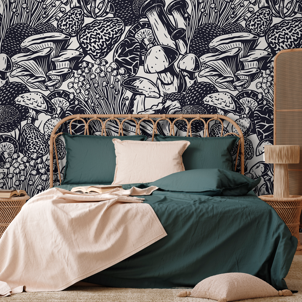 Bedroom - A cozy bedroom with a rattan bed frame, green and cream bedding, against a feature wall with a detailed black and white botanical Decor2Go Wallpaper Mural.