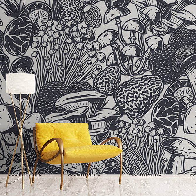 An interior featuring a bright yellow chair with a white lamp beside it against a wall covered in Decor2Go Wallpaper Mural's Mushroom Lovers Wallpaper Mural of various stylized mushrooms.