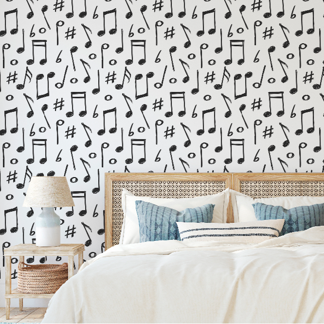 Bedroom - A modern bedroom featuring a bed with a woven headboard against Decor2Go Wallpaper Mural adorned with black musical notes and hashtags, flanked by matching wicker nightstands with lamps.