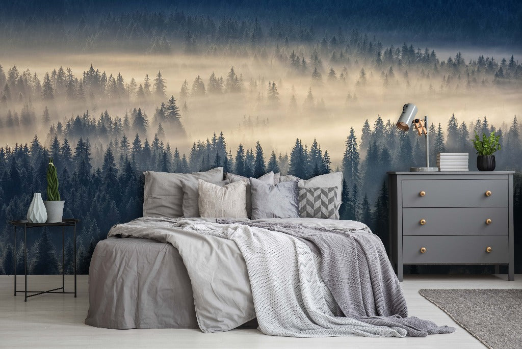 Bedroom - A stylish bedroom with a Mysterious Forest-themed mural on the wall, featuring a king-sized bed with gray bedding, a side table, dresser, and a small plant, all set against a serene fog from Decor2Go Wallpaper Mural.