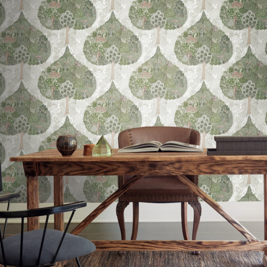 Office furniture in a natural design with European folk wallpaper