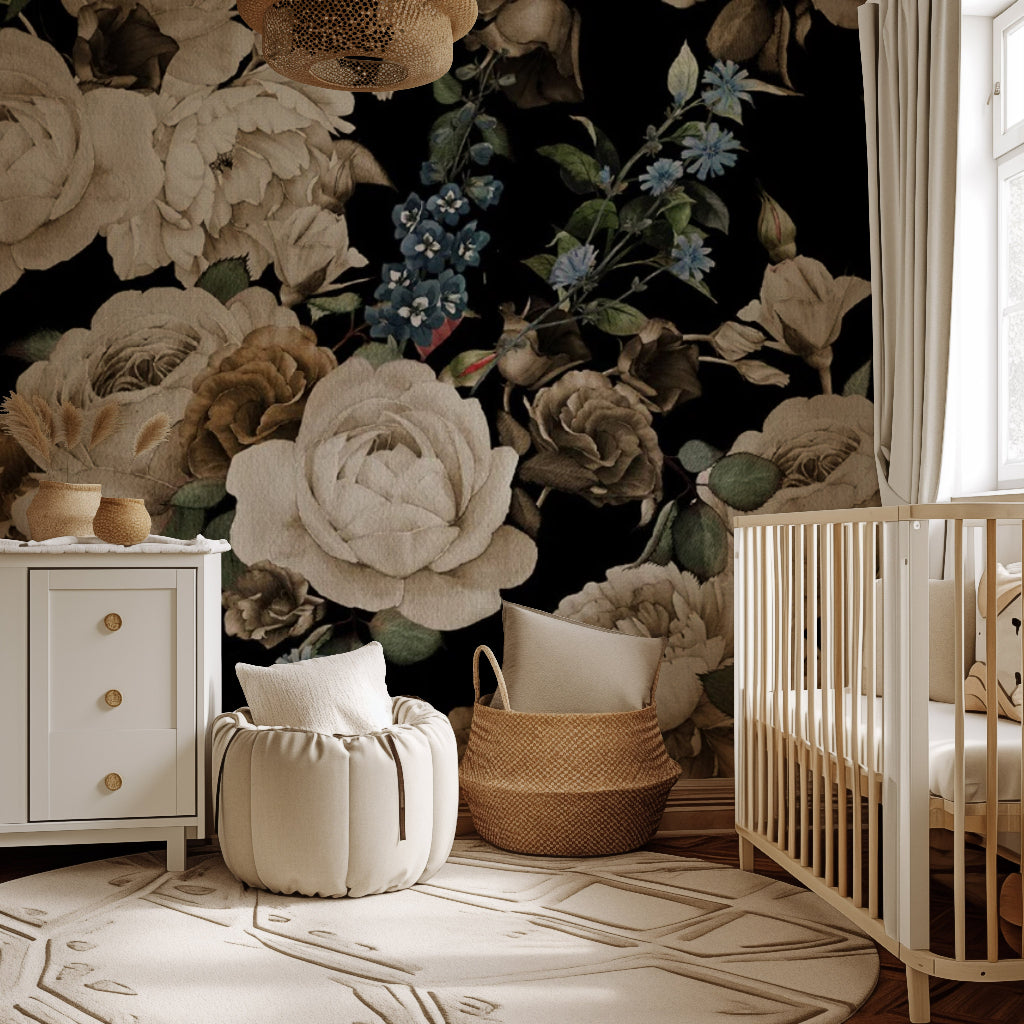 A cozy nursery featuring the Timeless Elegance Wallpaper Mural by Decor2Go, a white crib, pouf, wicker basket, and dresser—all in neutral earthy tones—bathed in soft natural light for a touch of luxury.