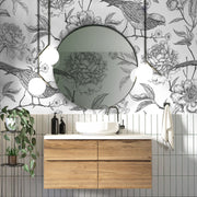 Bathroom - Bathroom with wallpaper black and white with birds and flowers