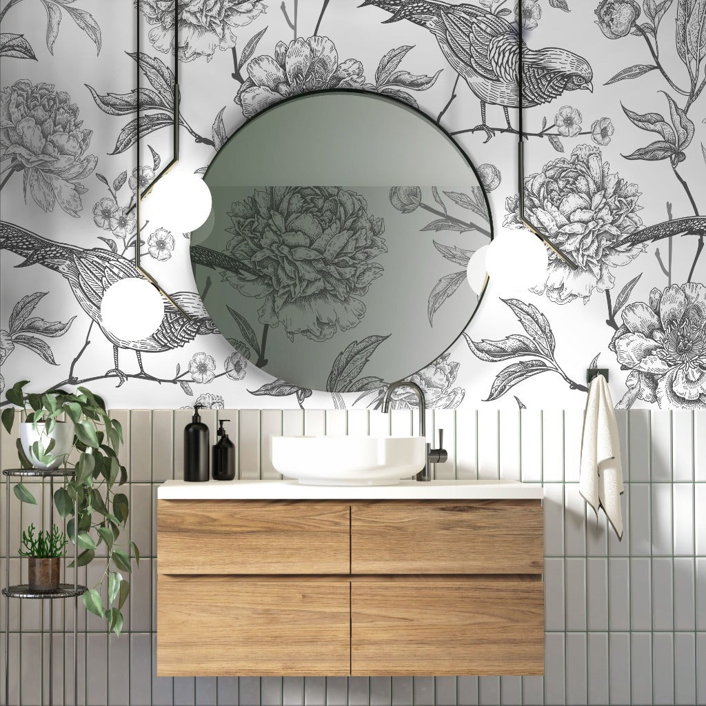 Bathroom with wallpaper black and white with birds and flowers